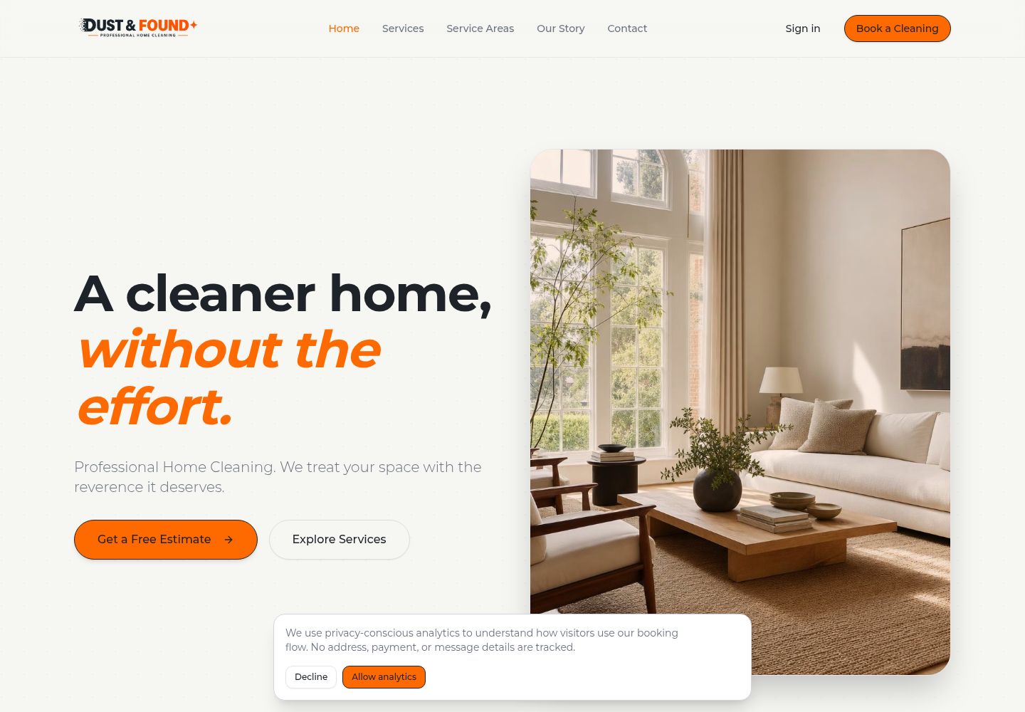 Dust and Found public homepage showing service discovery and the estimate entry point