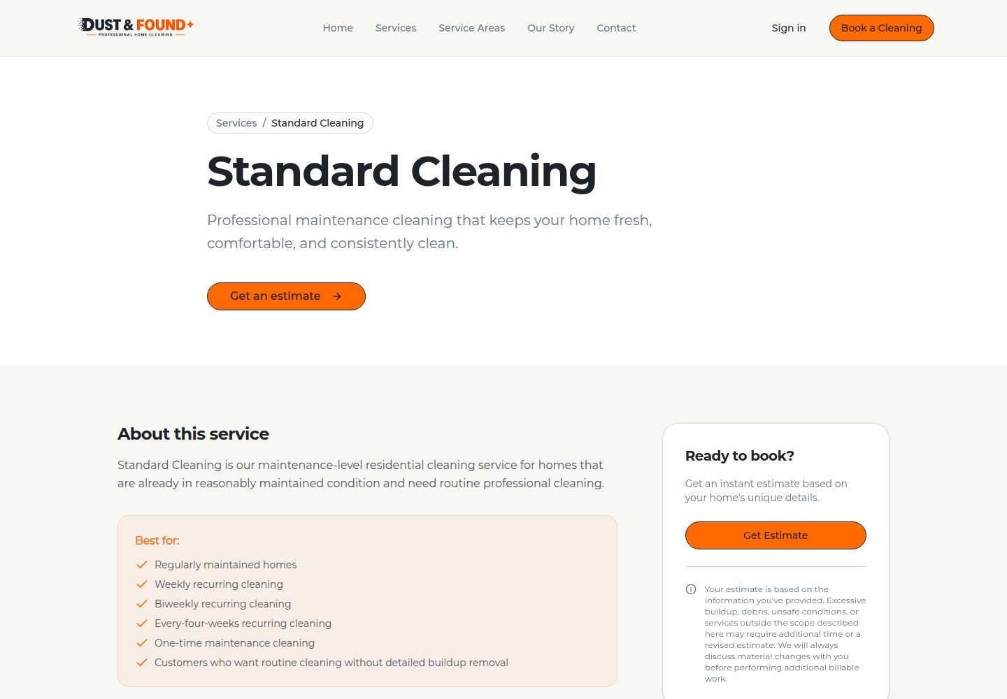 Dust and Found service detail page explaining the Standard Cleaning scope