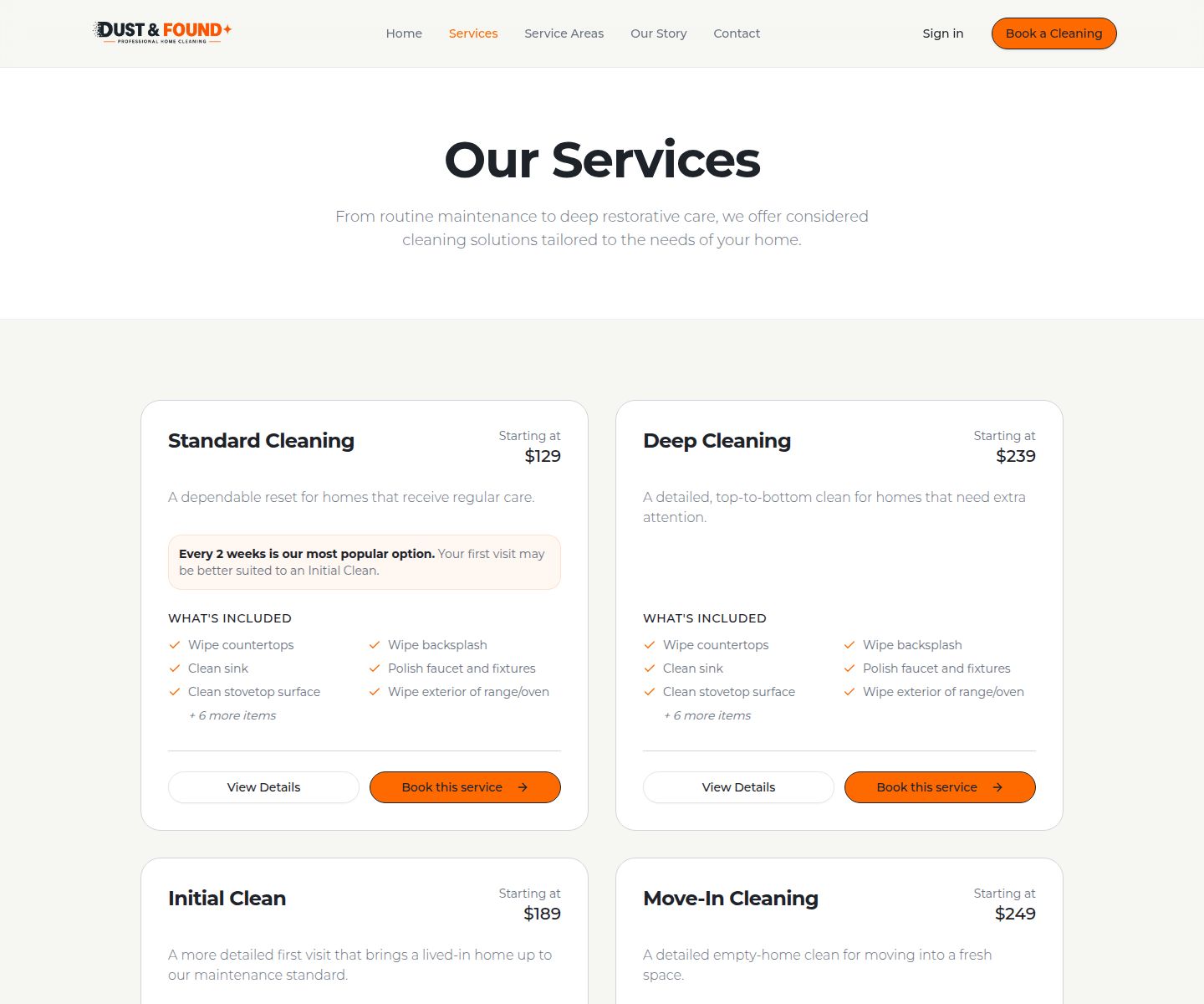 Dust and Found services list showing Standard, Deep, Initial, and Move-In options
